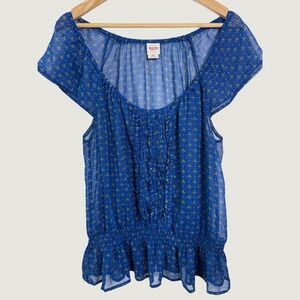 Mossimo Sheer Ruffle Top Womens XXL Blue Geometric Floral Lightweight Summer